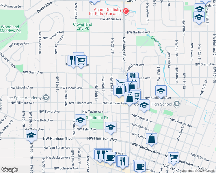 map of restaurants, bars, coffee shops, grocery stores, and more near 2325 Northwest Lincoln Avenue in Corvallis