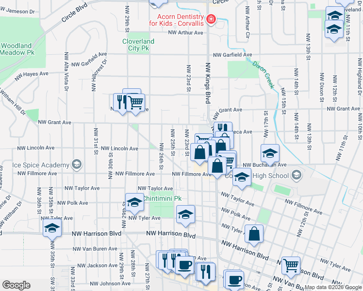 map of restaurants, bars, coffee shops, grocery stores, and more near 2325 Northwest Lincoln Avenue in Corvallis