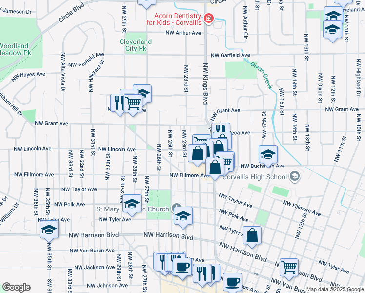 map of restaurants, bars, coffee shops, grocery stores, and more near 985 Northwest 23rd Street in Corvallis