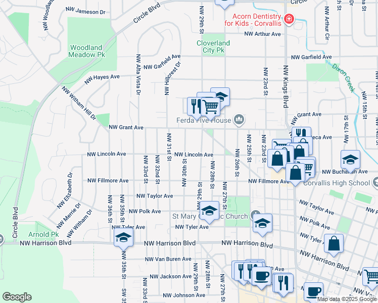 map of restaurants, bars, coffee shops, grocery stores, and more near 940 Northwest 29th Street in Corvallis