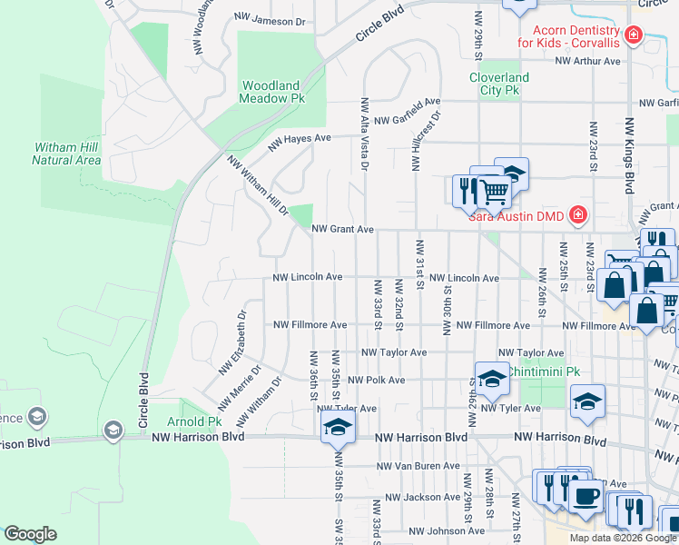 map of restaurants, bars, coffee shops, grocery stores, and more near 935 Northwest 35th Street in Corvallis