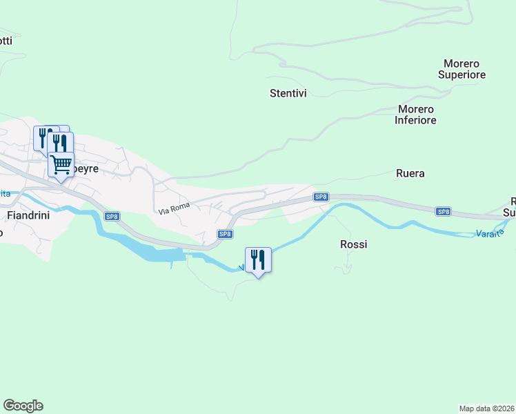 map of restaurants, bars, coffee shops, grocery stores, and more near 9 Borgata Ponte in Sampeyre