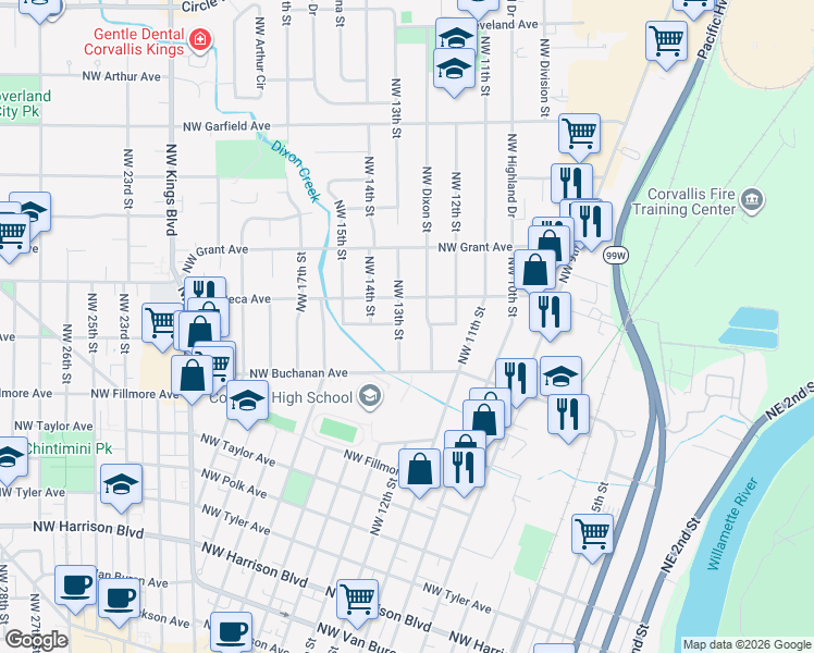 map of restaurants, bars, coffee shops, grocery stores, and more near 1122 Northwest 13th Street in Corvallis