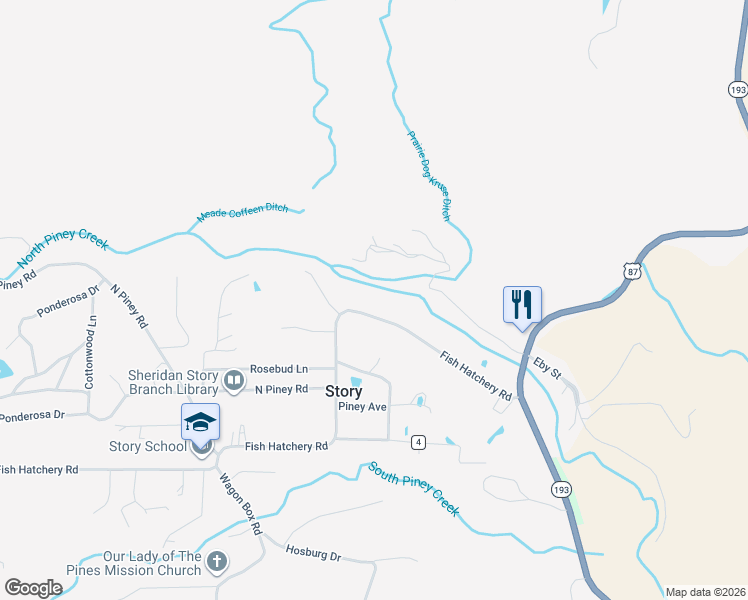 map of restaurants, bars, coffee shops, grocery stores, and more near 66 Wyoming 194 in Story