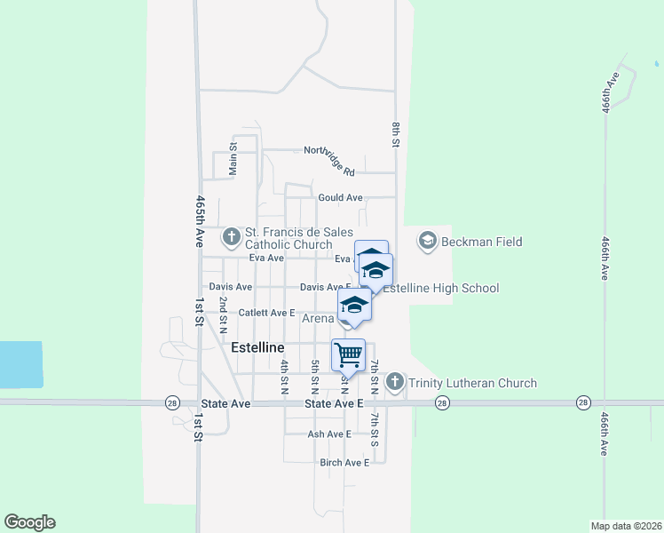 map of restaurants, bars, coffee shops, grocery stores, and more near 501-1699 Davis Avenue East in Estelline