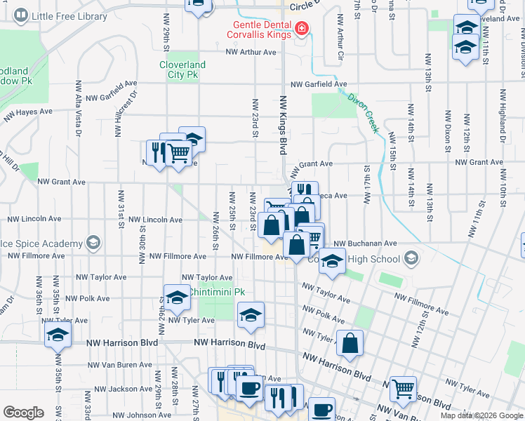 map of restaurants, bars, coffee shops, grocery stores, and more near 1019 Northwest 23rd Street in Corvallis