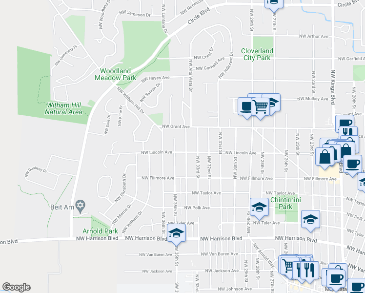 map of restaurants, bars, coffee shops, grocery stores, and more near 935 Northwest 35th Street in Corvallis