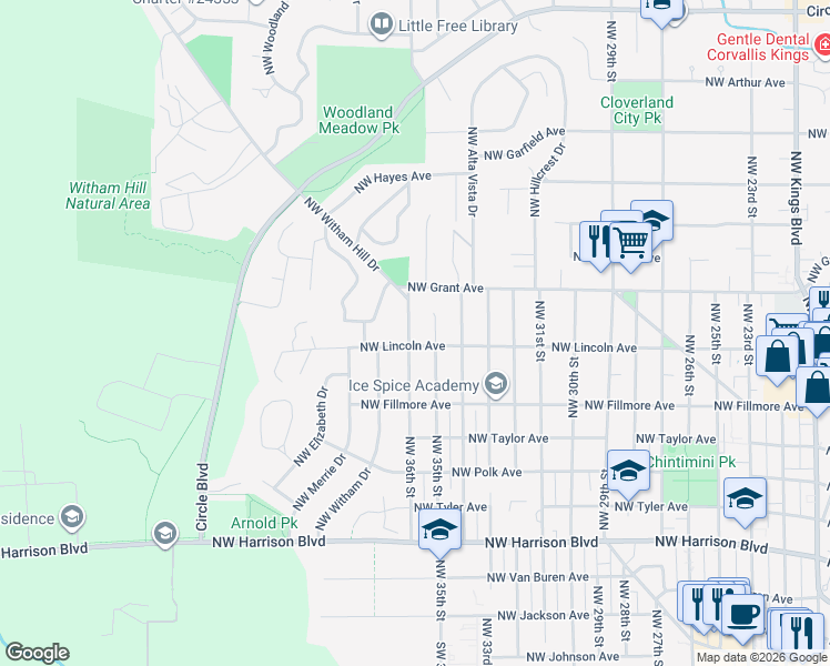 map of restaurants, bars, coffee shops, grocery stores, and more near 937 Northwest 36th Street in Corvallis