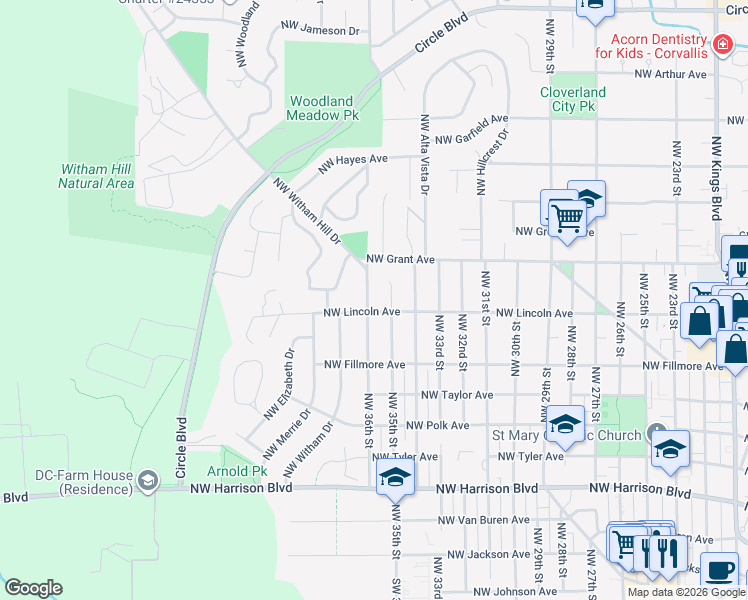 map of restaurants, bars, coffee shops, grocery stores, and more near 937 Northwest 36th Street in Corvallis