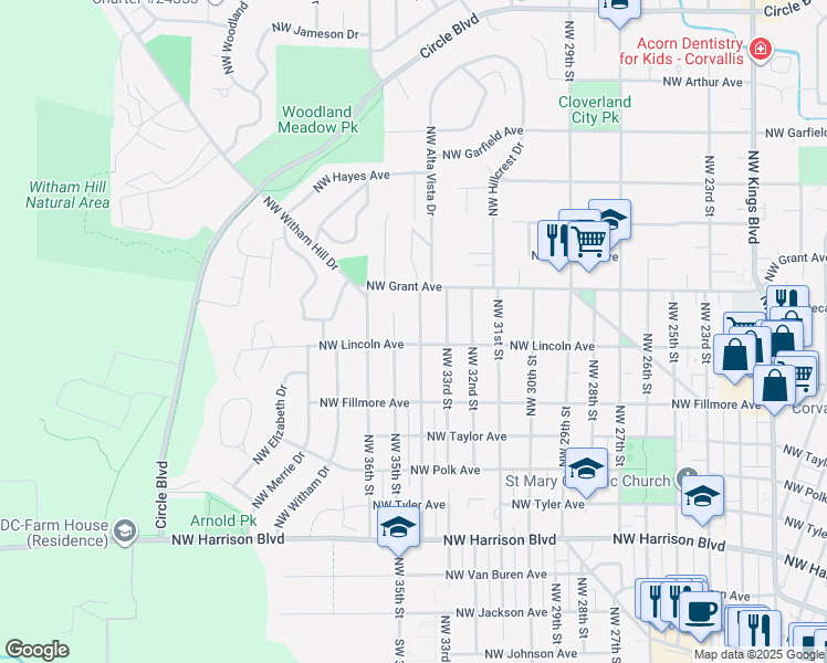 map of restaurants, bars, coffee shops, grocery stores, and more near 935 Northwest 35th Street in Corvallis