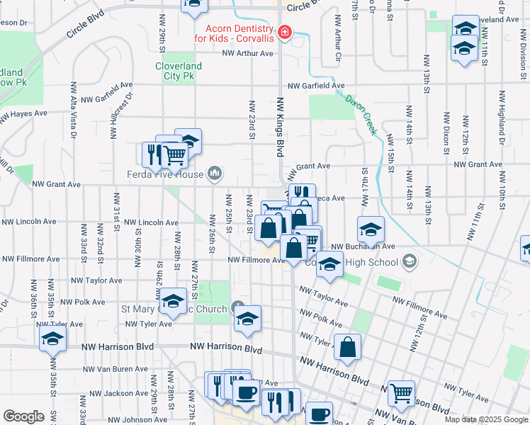 map of restaurants, bars, coffee shops, grocery stores, and more near 2107 Northwest Lincoln Avenue in Corvallis