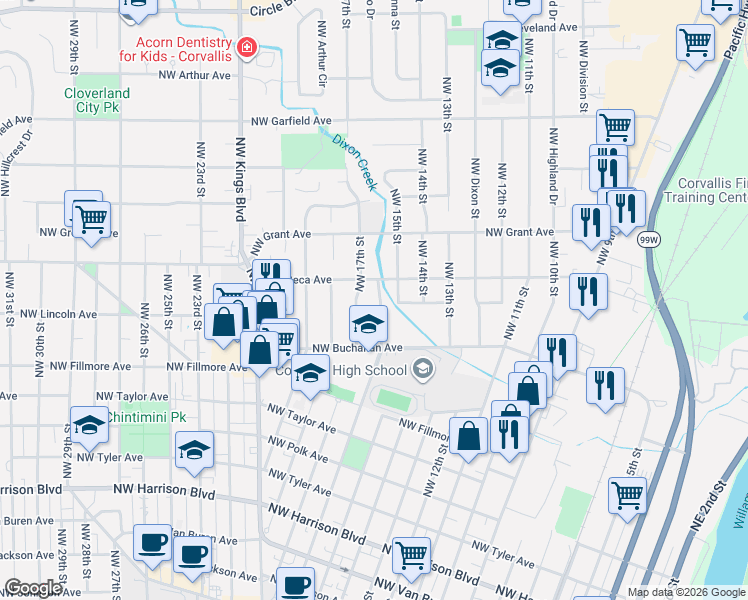 map of restaurants, bars, coffee shops, grocery stores, and more near 1220 Northwest 16th Street in Corvallis