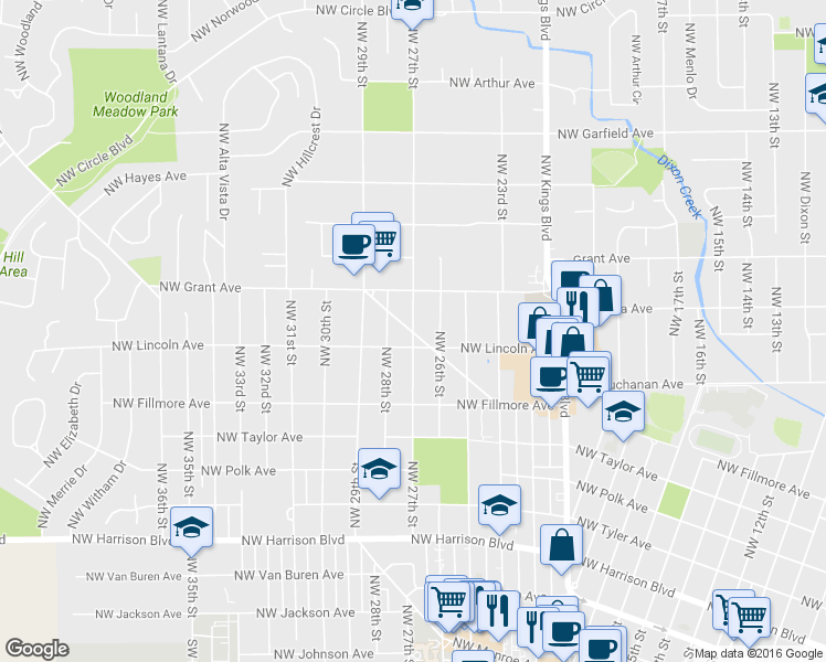 map of restaurants, bars, coffee shops, grocery stores, and more near NW 27th St & NW Coolidge Way in Corvallis