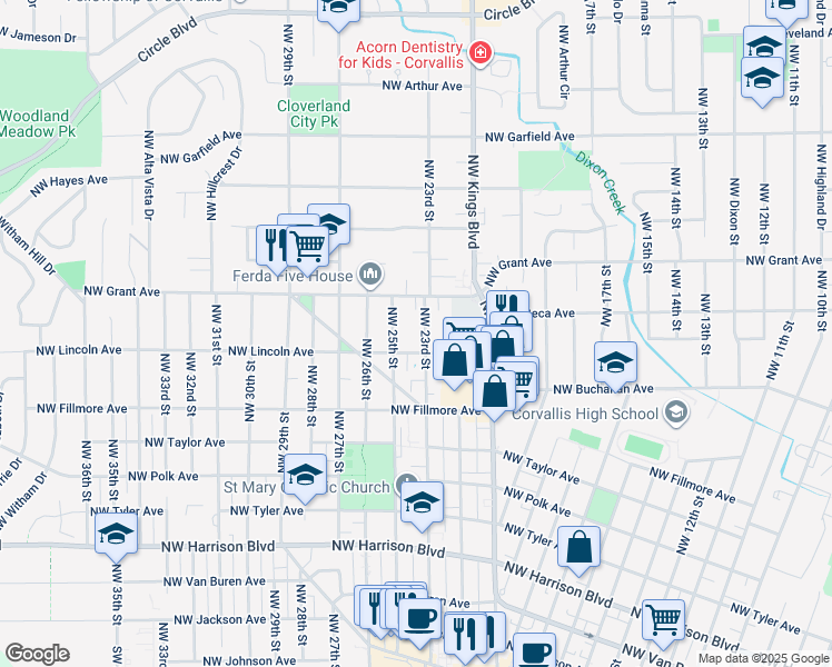 map of restaurants, bars, coffee shops, grocery stores, and more near 985 Northwest 23rd Street in Corvallis