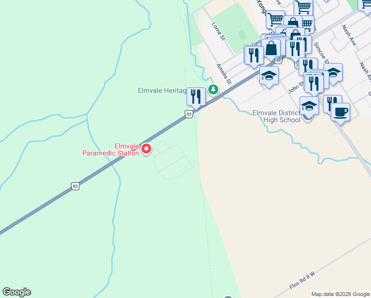 map of restaurants, bars, coffee shops, grocery stores, and more near 36 Beverly Street in Springwater