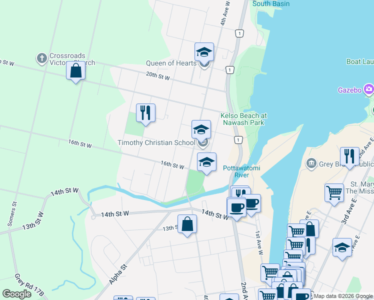 map of restaurants, bars, coffee shops, grocery stores, and more near 423 17th Street West in Owen Sound