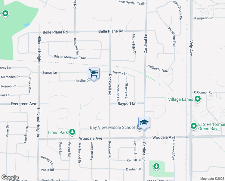 map of restaurants, bars, coffee shops, grocery stores, and more near 1318 Rockwell Road in Green Bay