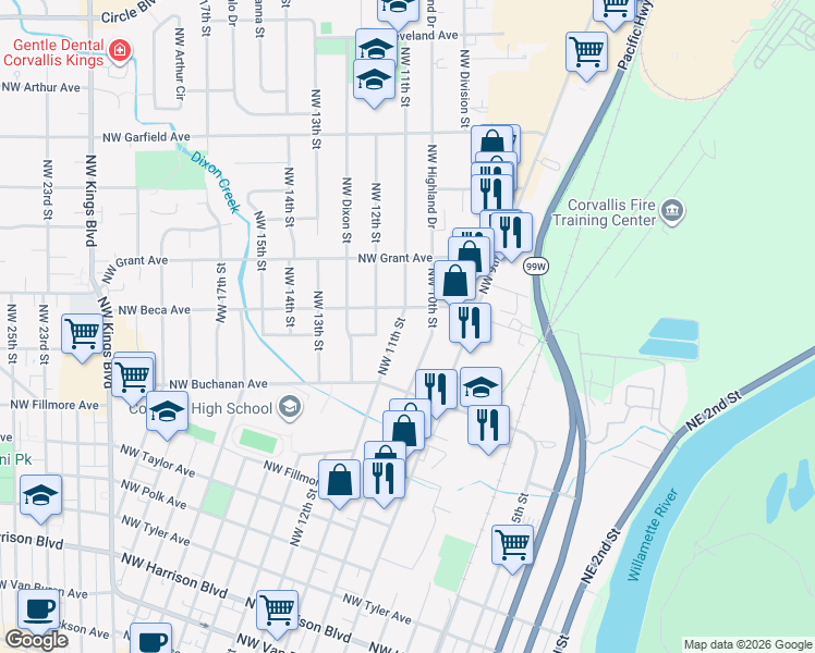 map of restaurants, bars, coffee shops, grocery stores, and more near 1143 Northwest 11th Street in Corvallis