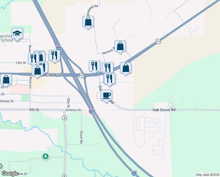 map of restaurants, bars, coffee shops, grocery stores, and more near 50484 Oak Grove Road in Osseo