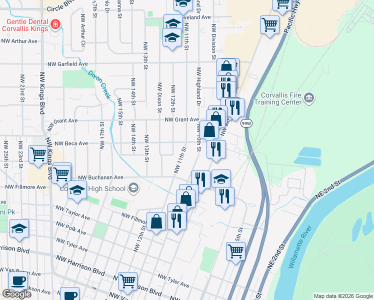 map of restaurants, bars, coffee shops, grocery stores, and more near 1143 Northwest 11th Street in Corvallis