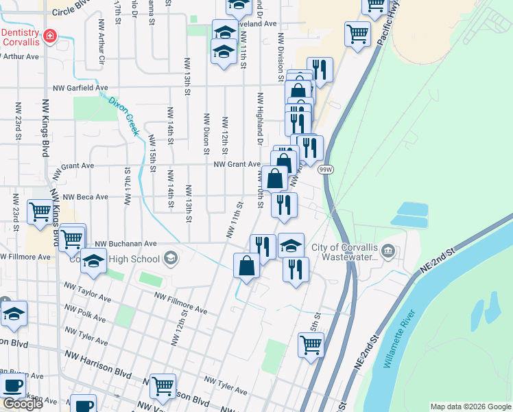 map of restaurants, bars, coffee shops, grocery stores, and more near 1210 Northwest 10th Street in Corvallis