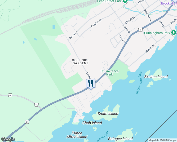 map of restaurants, bars, coffee shops, grocery stores, and more near 19a Centre Street in Brockville