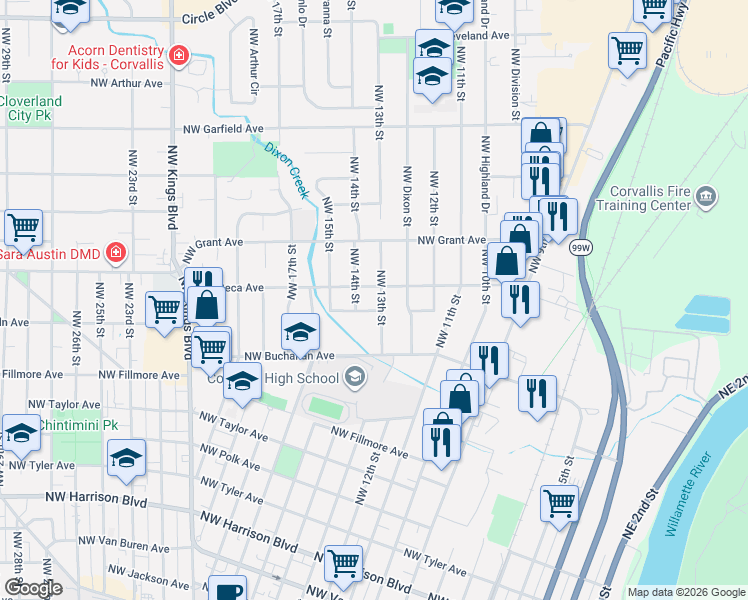 map of restaurants, bars, coffee shops, grocery stores, and more near 1309 Northwest 13th Street in Corvallis