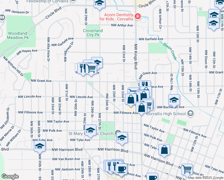 map of restaurants, bars, coffee shops, grocery stores, and more near 1135 Northwest 25th Street in Corvallis