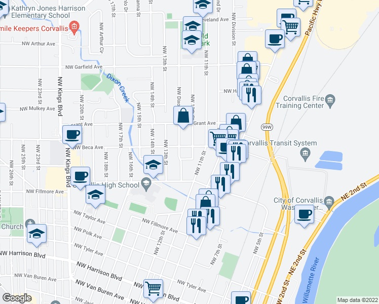 map of restaurants, bars, coffee shops, grocery stores, and more near 1220 Northwest 12th Street in Corvallis