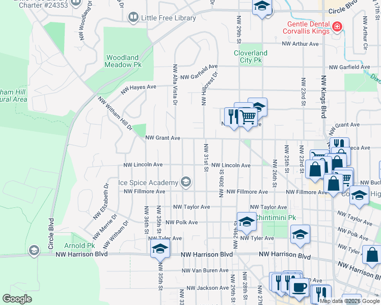 map of restaurants, bars, coffee shops, grocery stores, and more near 1038 Northwest 32nd Street in Corvallis