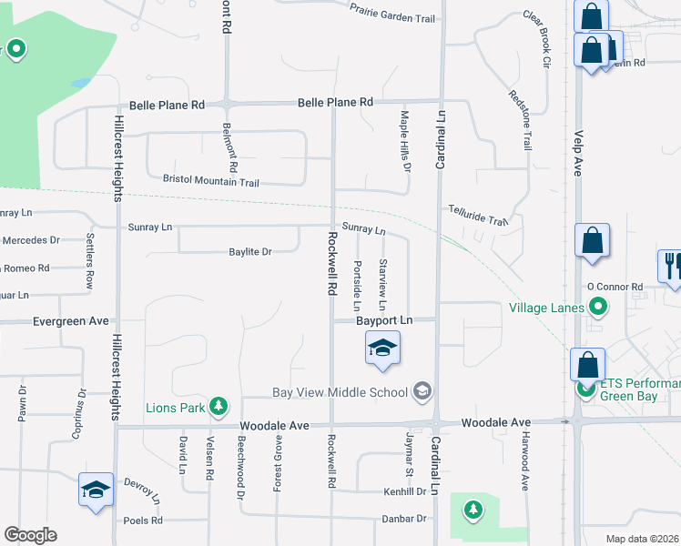 map of restaurants, bars, coffee shops, grocery stores, and more near 1352 Rockwell Road in Green Bay