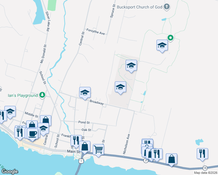 map of restaurants, bars, coffee shops, grocery stores, and more near 40 Forest Hill in Bucksport