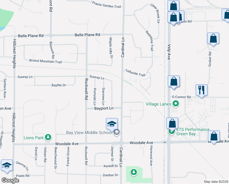 map of restaurants, bars, coffee shops, grocery stores, and more near 1346 Sunray Lane in Green Bay