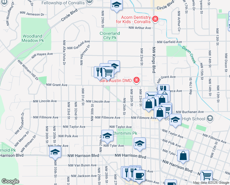 map of restaurants, bars, coffee shops, grocery stores, and more near 2758 Northwest Grant Avenue in Corvallis