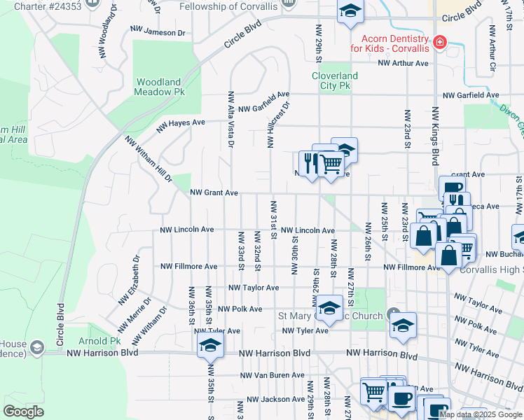 map of restaurants, bars, coffee shops, grocery stores, and more near 3140 Northwest Grant Avenue in Corvallis