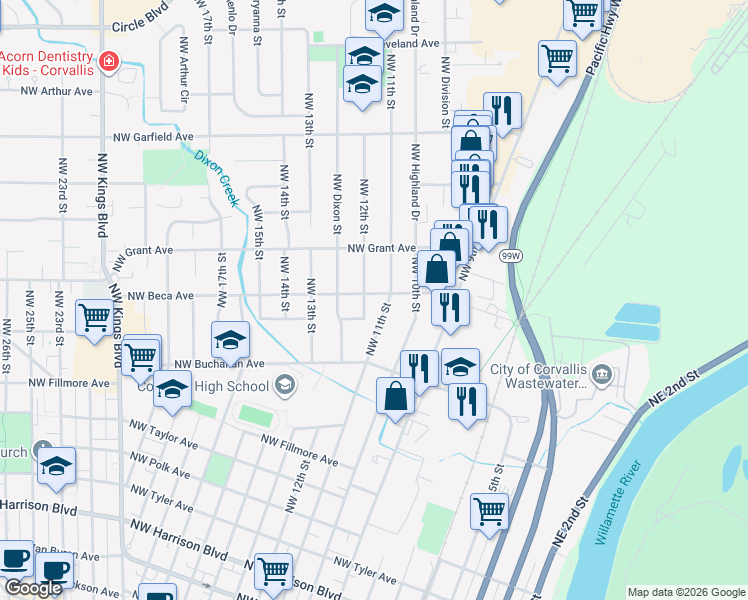 map of restaurants, bars, coffee shops, grocery stores, and more near 1130 Northwest Beca Avenue in Corvallis