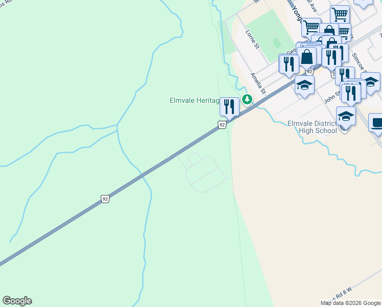 map of restaurants, bars, coffee shops, grocery stores, and more near 169 Queen Street West in Elmvale
