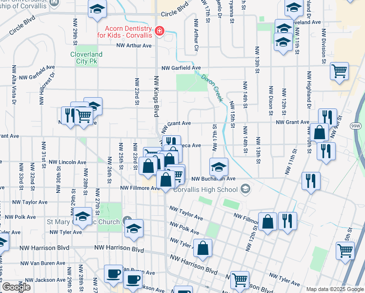 map of restaurants, bars, coffee shops, grocery stores, and more near 1865 Northwest Beca Avenue in Corvallis