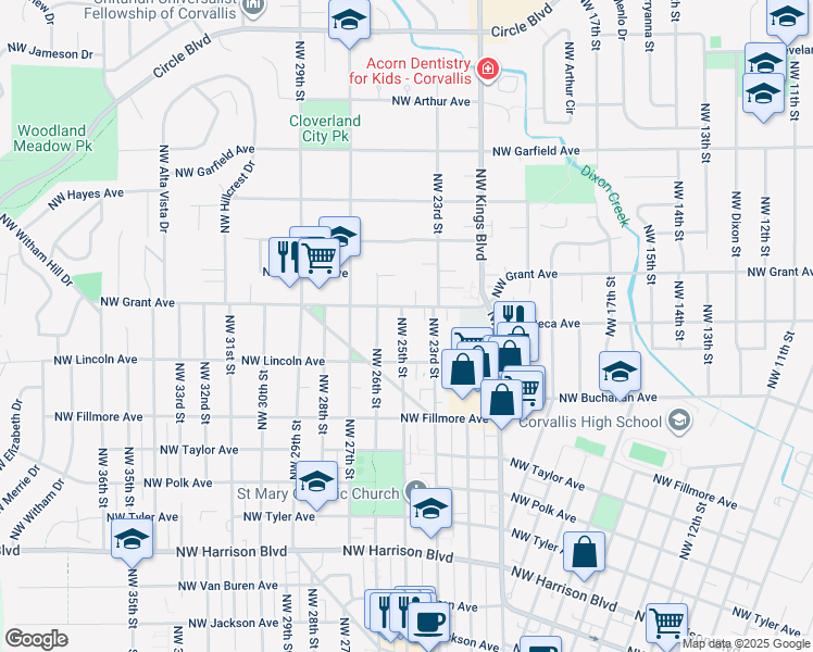 map of restaurants, bars, coffee shops, grocery stores, and more near 1135 Northwest 25th Street in Corvallis
