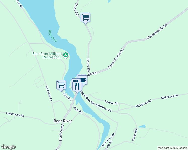 map of restaurants, bars, coffee shops, grocery stores, and more near 12 Chute Road in Bear River