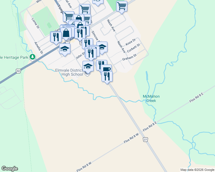 map of restaurants, bars, coffee shops, grocery stores, and more near 70 Yonge Street South in Elmvale