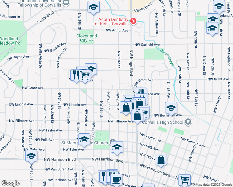 map of restaurants, bars, coffee shops, grocery stores, and more near 1130 Northwest 23rd Street in Corvallis