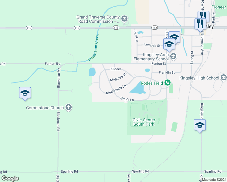 map of restaurants, bars, coffee shops, grocery stores, and more near 1401 Nightingale Lane in Kingsley