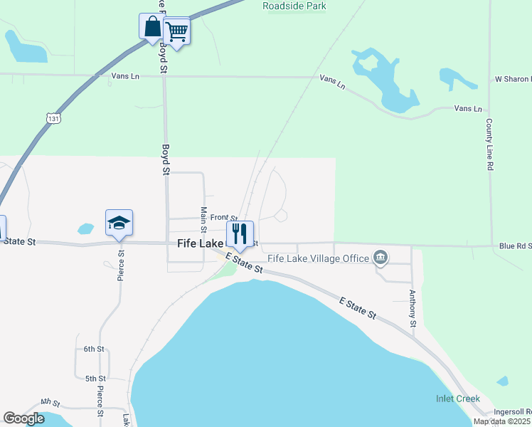 map of restaurants, bars, coffee shops, grocery stores, and more near Lakecrest Lane in Fife Lake