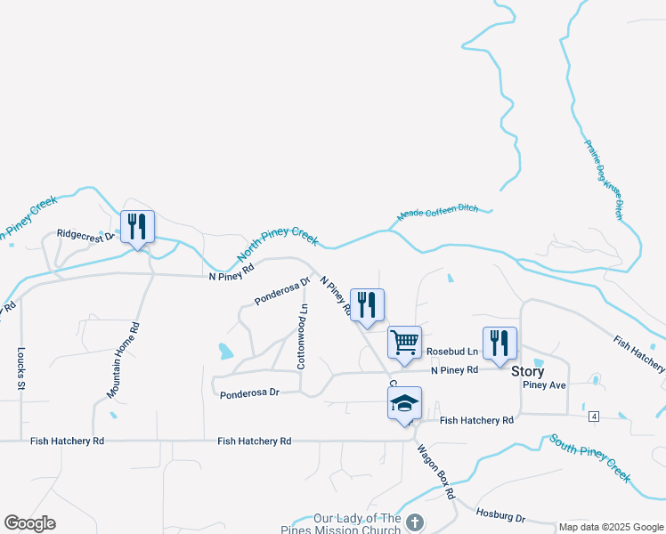 map of restaurants, bars, coffee shops, grocery stores, and more near 65 North Piney Road in Story