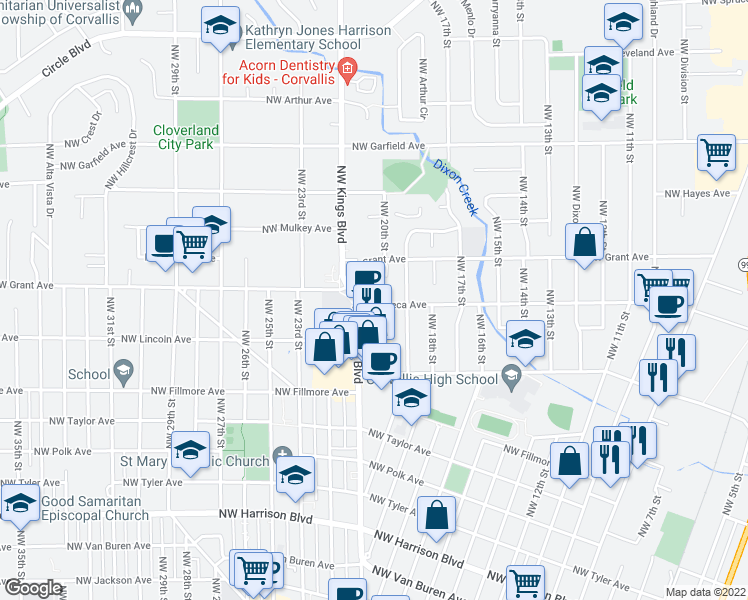 map of restaurants, bars, coffee shops, grocery stores, and more near 1972 Northwest Grant Avenue in Corvallis