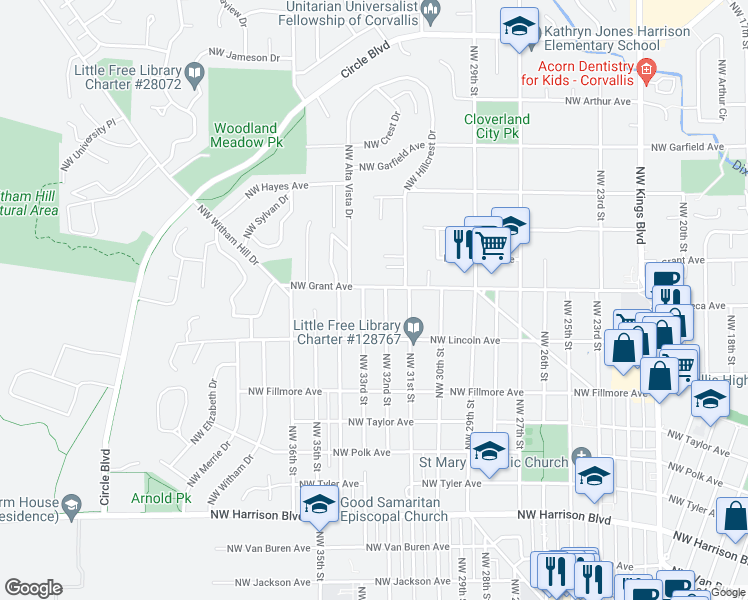 map of restaurants, bars, coffee shops, grocery stores, and more near 3250 Northwest Grant Avenue in Corvallis