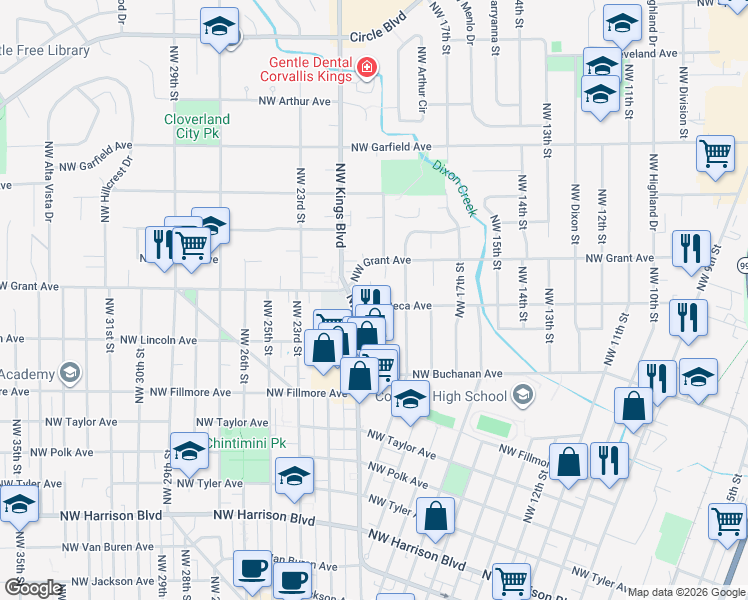 map of restaurants, bars, coffee shops, grocery stores, and more near 1972 Northwest Grant Avenue in Corvallis