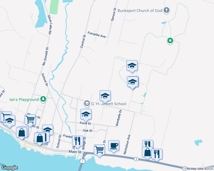 map of restaurants, bars, coffee shops, grocery stores, and more near 40 Forest Hill in Bucksport