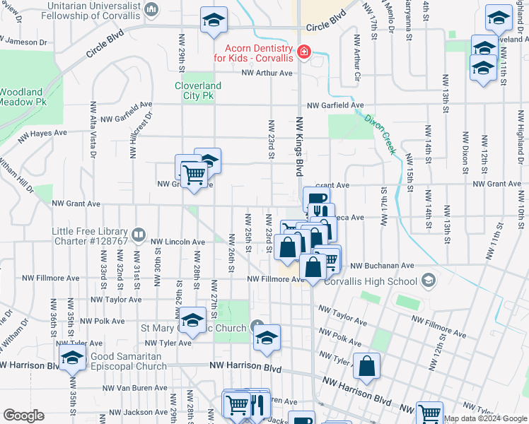 map of restaurants, bars, coffee shops, grocery stores, and more near 2260 Northwest Grant Avenue in Corvallis